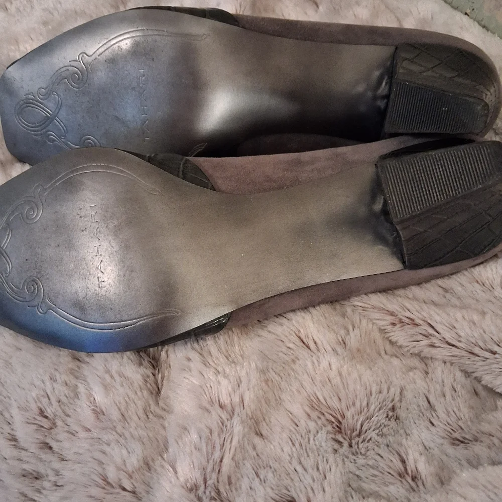 Tahari Gray Suede Peep Toe Shoes